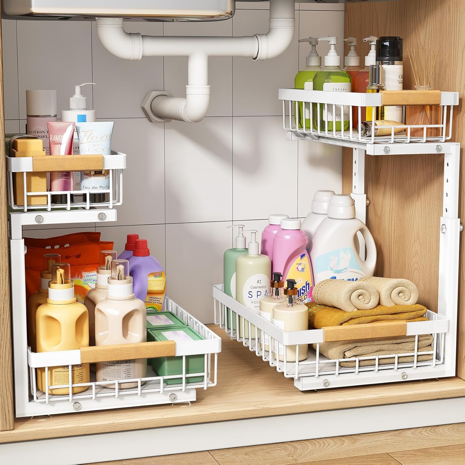 PXRACK Under Sink Organizer, Adjustable Height, 2 Tier Pull Out Under Cabinet Organizer