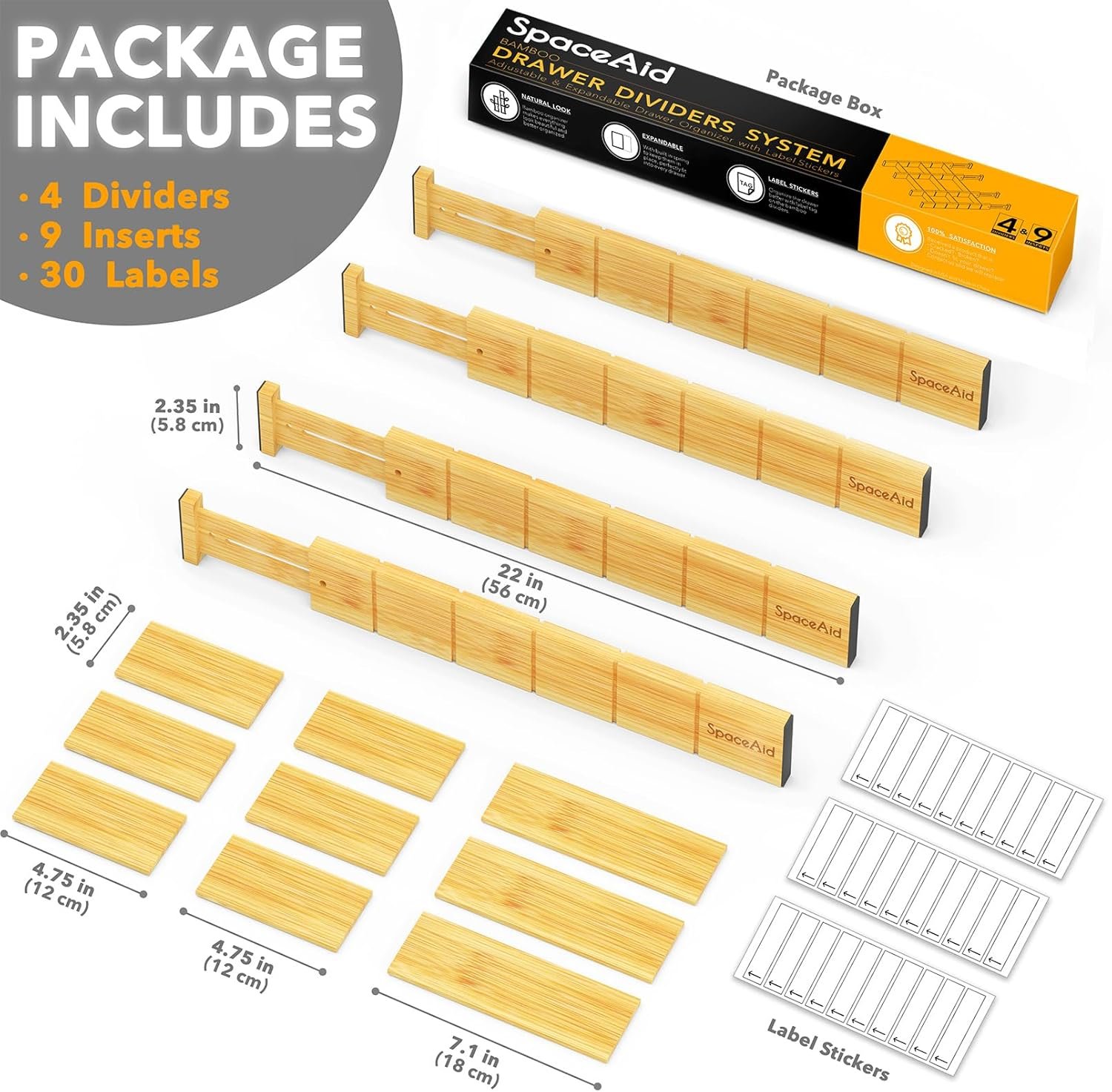 SpaceAid Adjustable Bamboo Drawer Dividers with Inserts and Labels